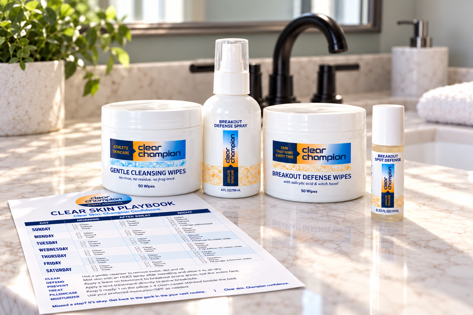 The Home Routine and Clear Skin Playbook together on a bathroom counter