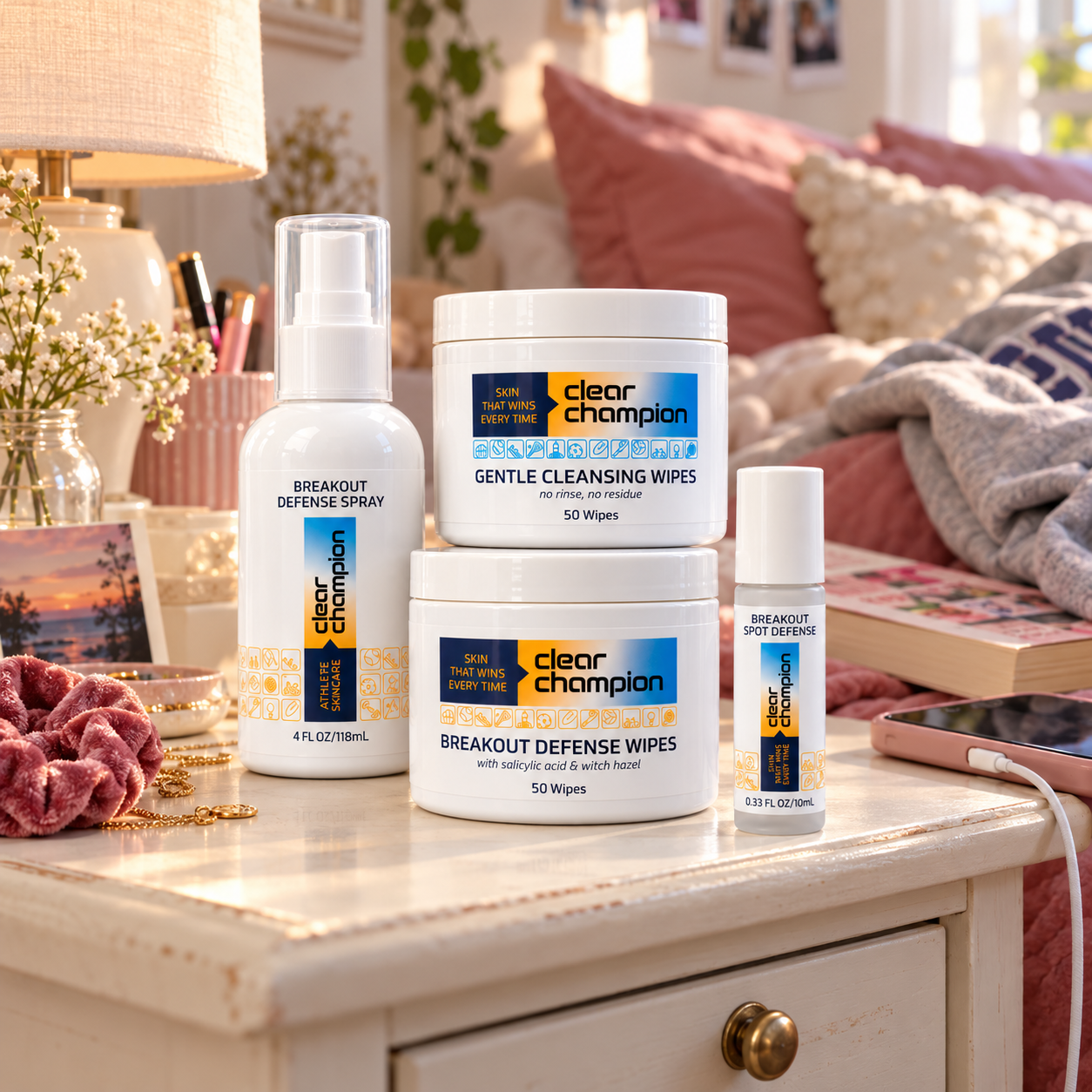 Home Routine on an ivory nightstand in a teen girl’s bedroom: cleansing wipes, 4 oz spray, serum wipes and spot roller