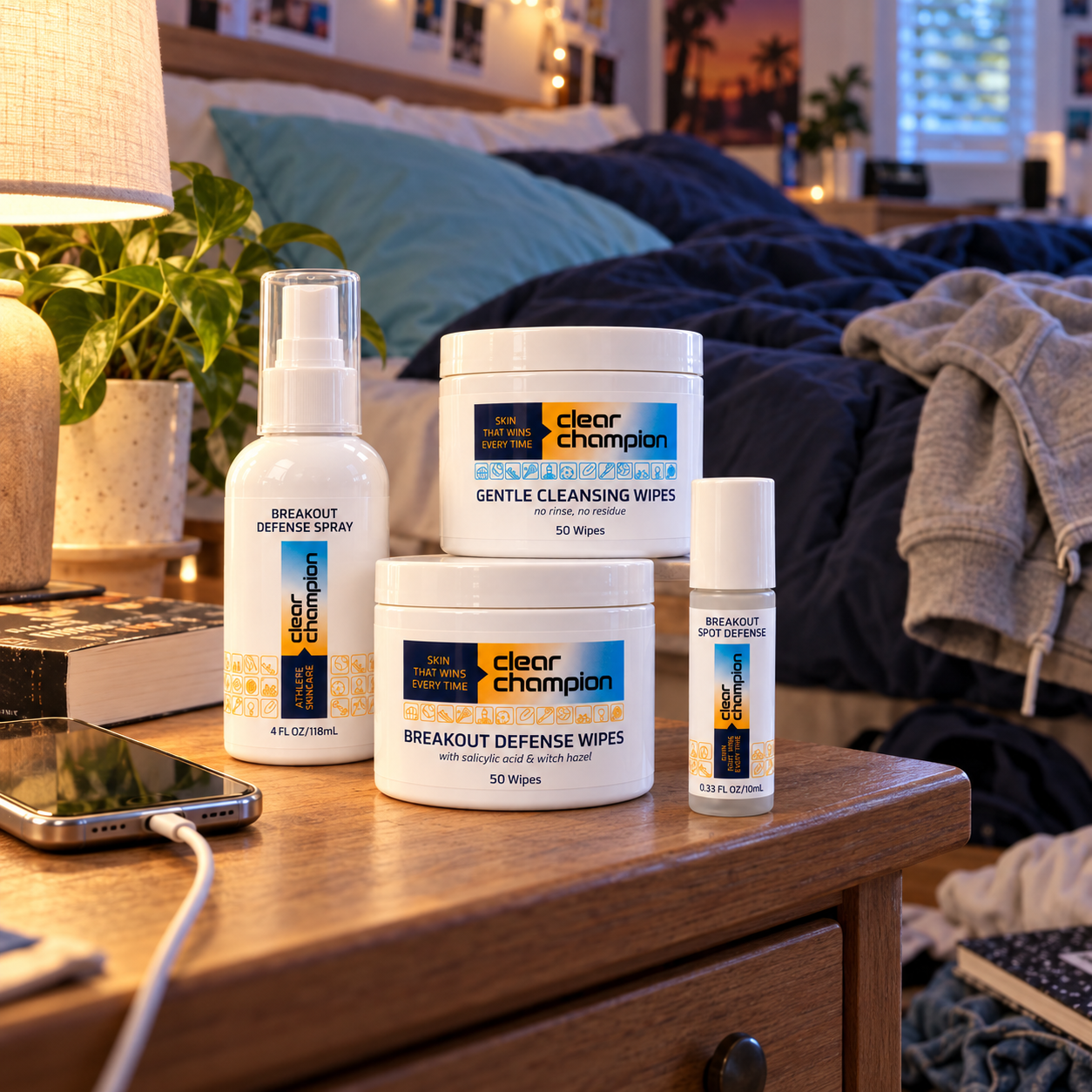 Clear Champion Home Routine on a nightstand beside a slightly unmade bed in a lived-in teen bedroom