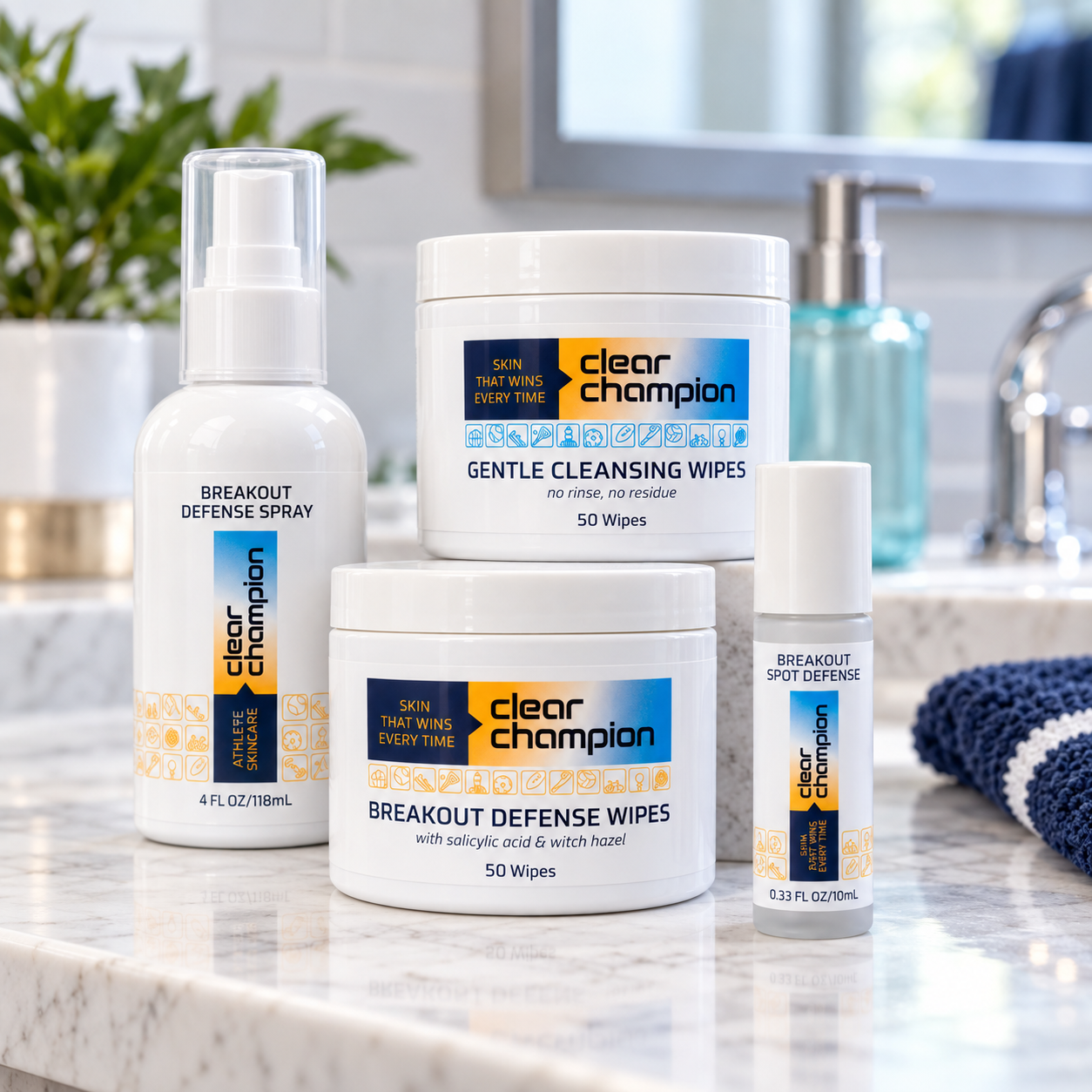 Home Routine: cleansing wipes, 4 oz spray, serum wipes and spot roller