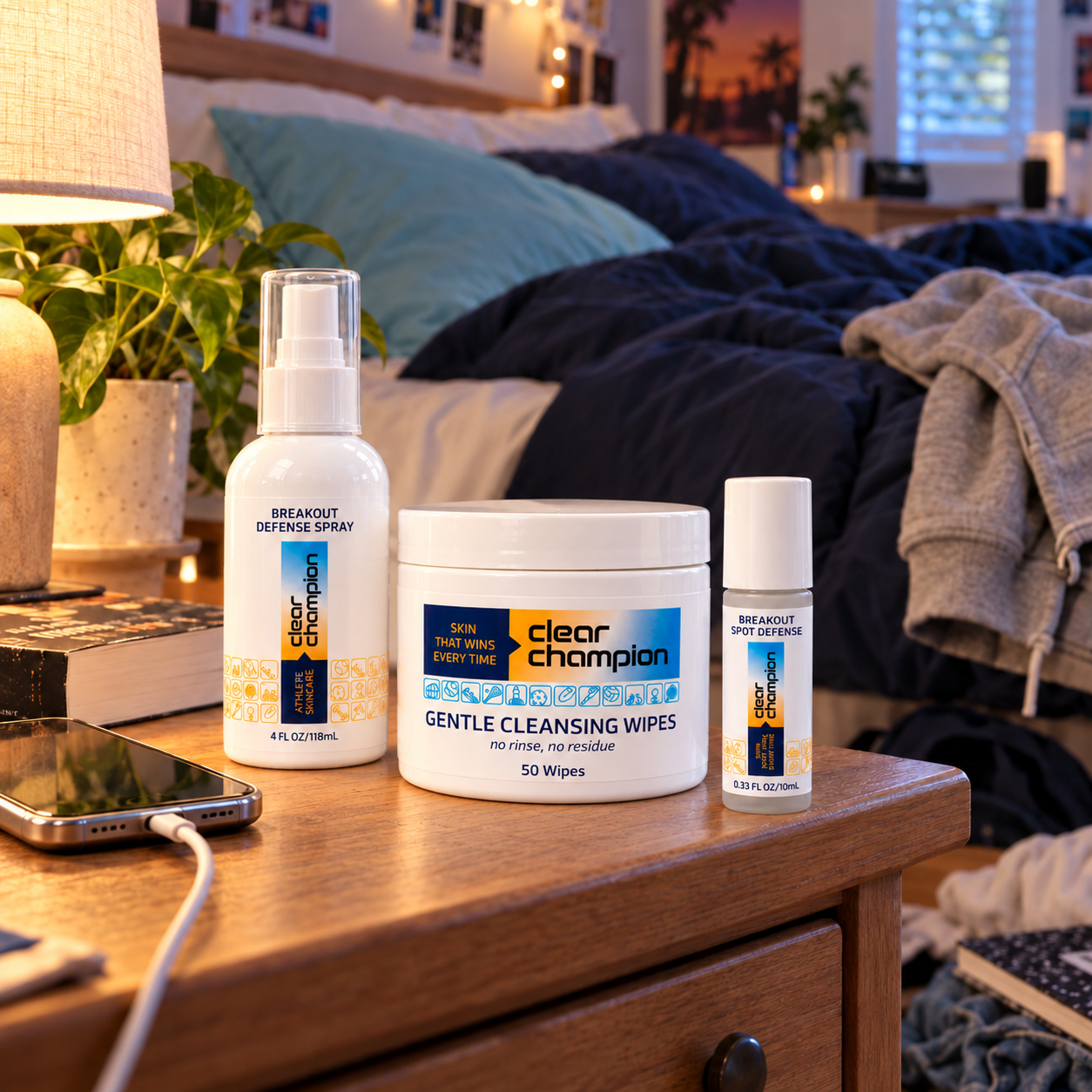 Starter Routine on a nightstand beside a bed: Gentle Cleansing Wipes, 4 oz Breakout Defense Spray and Breakout Spot Defense Roller